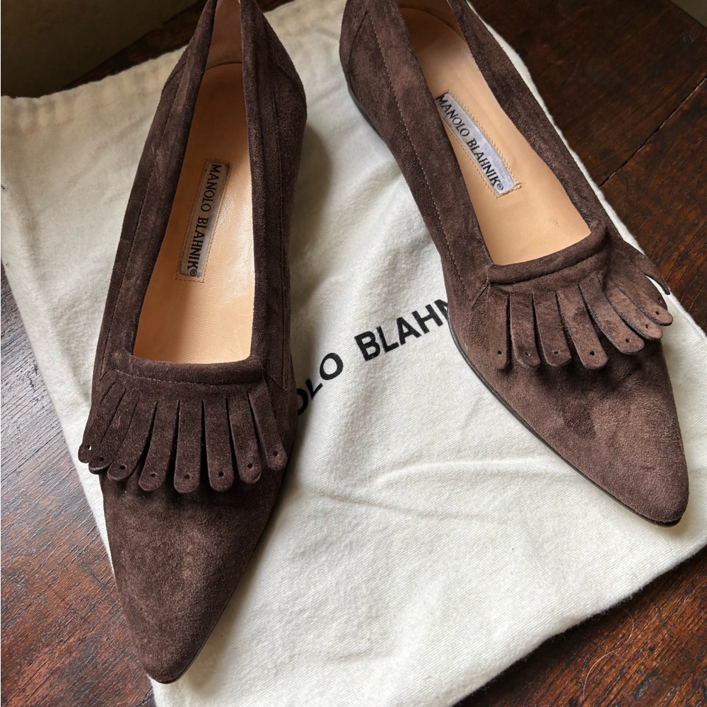 Manolo Blahnik Brown Suede Pointed Toe Flats with Fringe